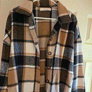 Unishe L shacket, NWithoutT, black, tan, & white, button up front